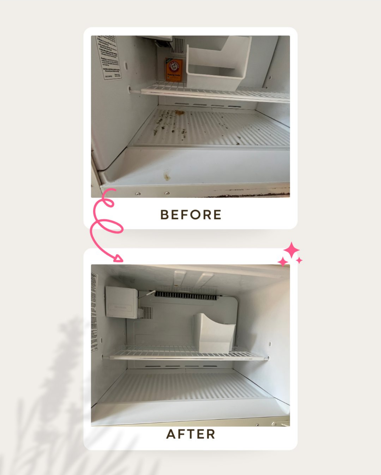 A before and after photo of an empty refrigerator.