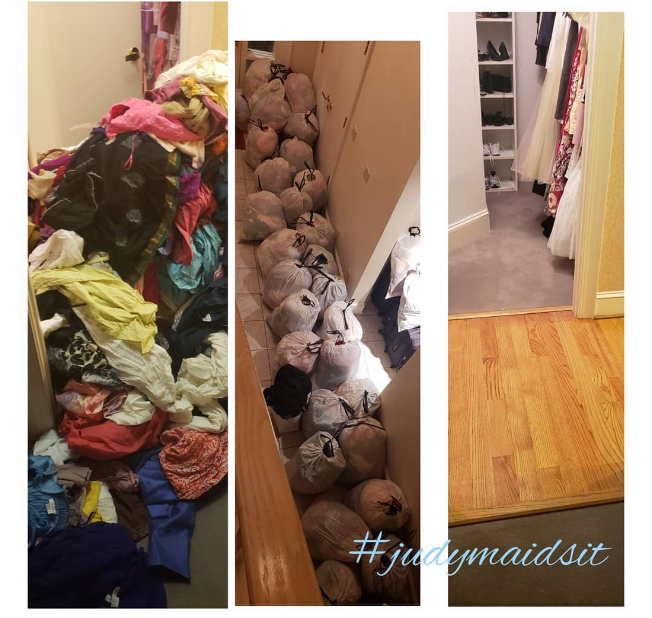 A collage of three pictures of a messy room and a closet