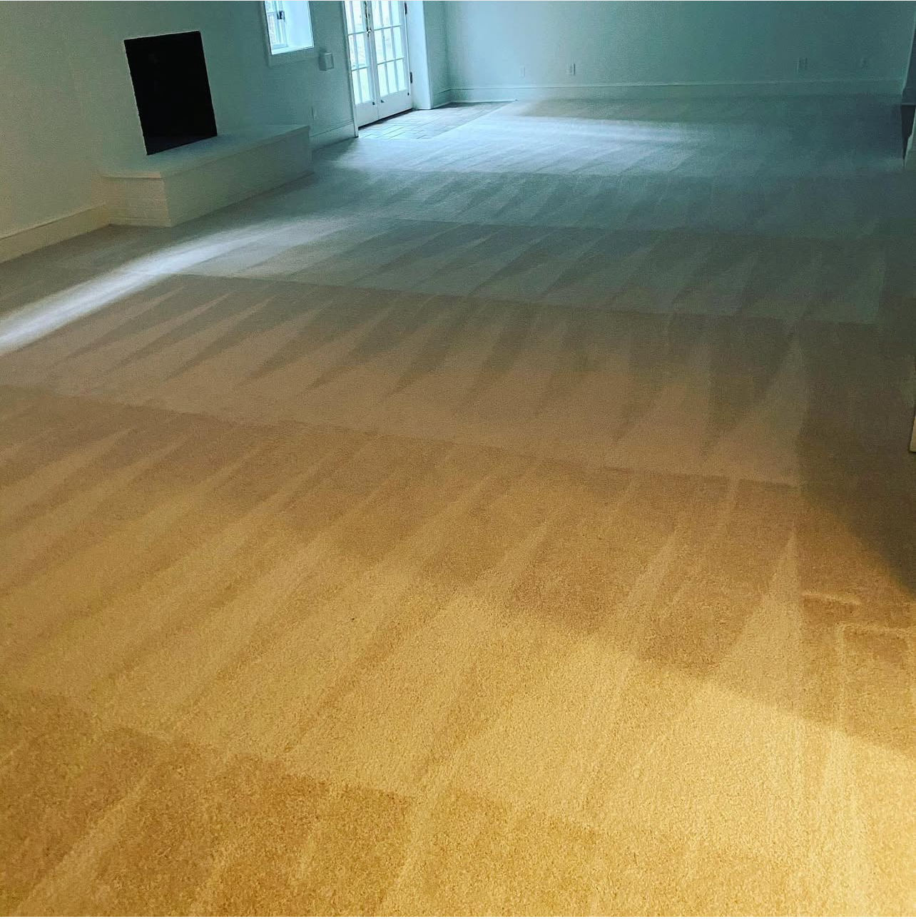 A living room with a carpeted floor and a fireplace.