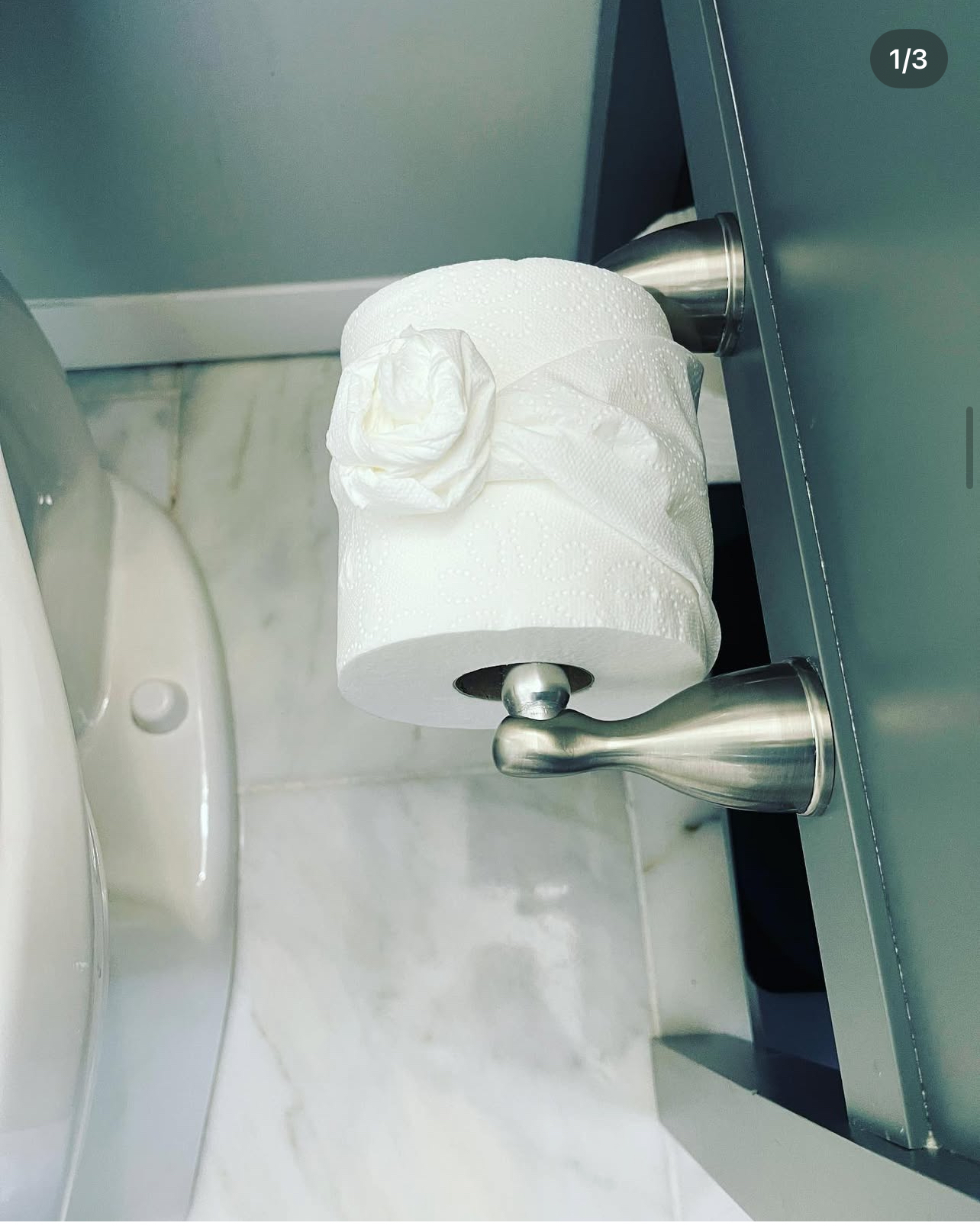 A roll of toilet paper is hanging on a toilet paper holder