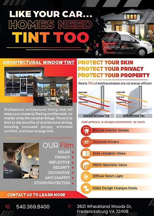 A flyer that says `` like your car ... homes need tint too ''