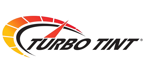 A turbo tint logo with a speedometer on a white background.