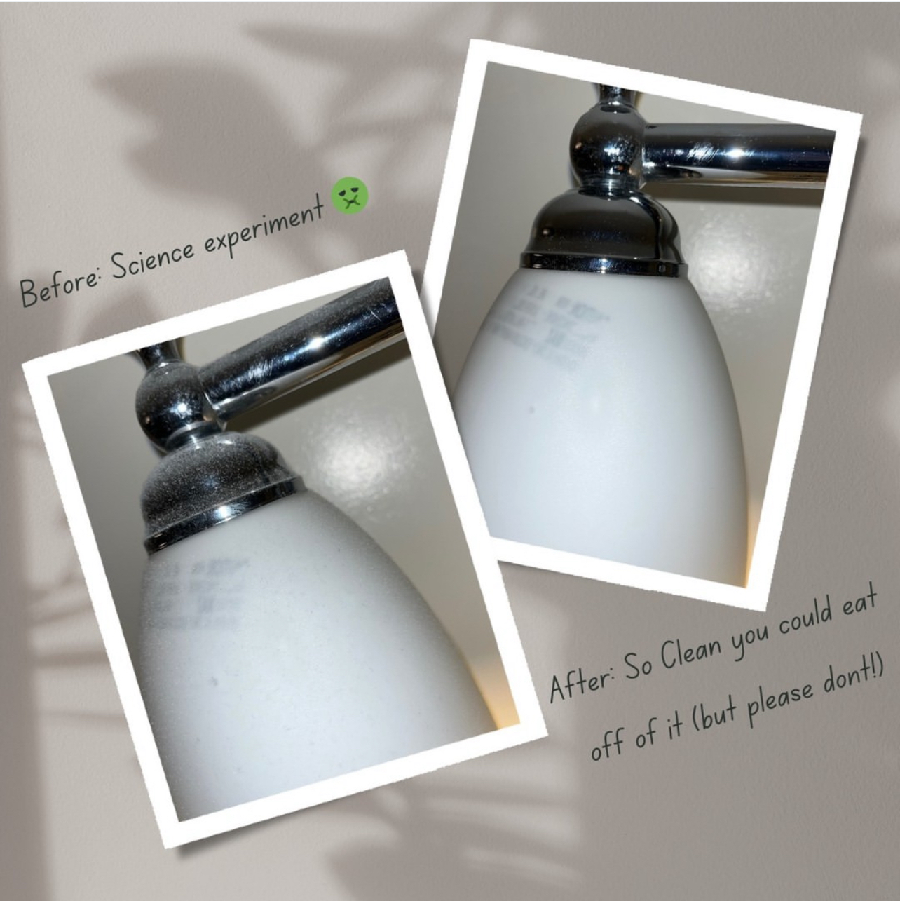 A before and after picture of a faucet with the caption 