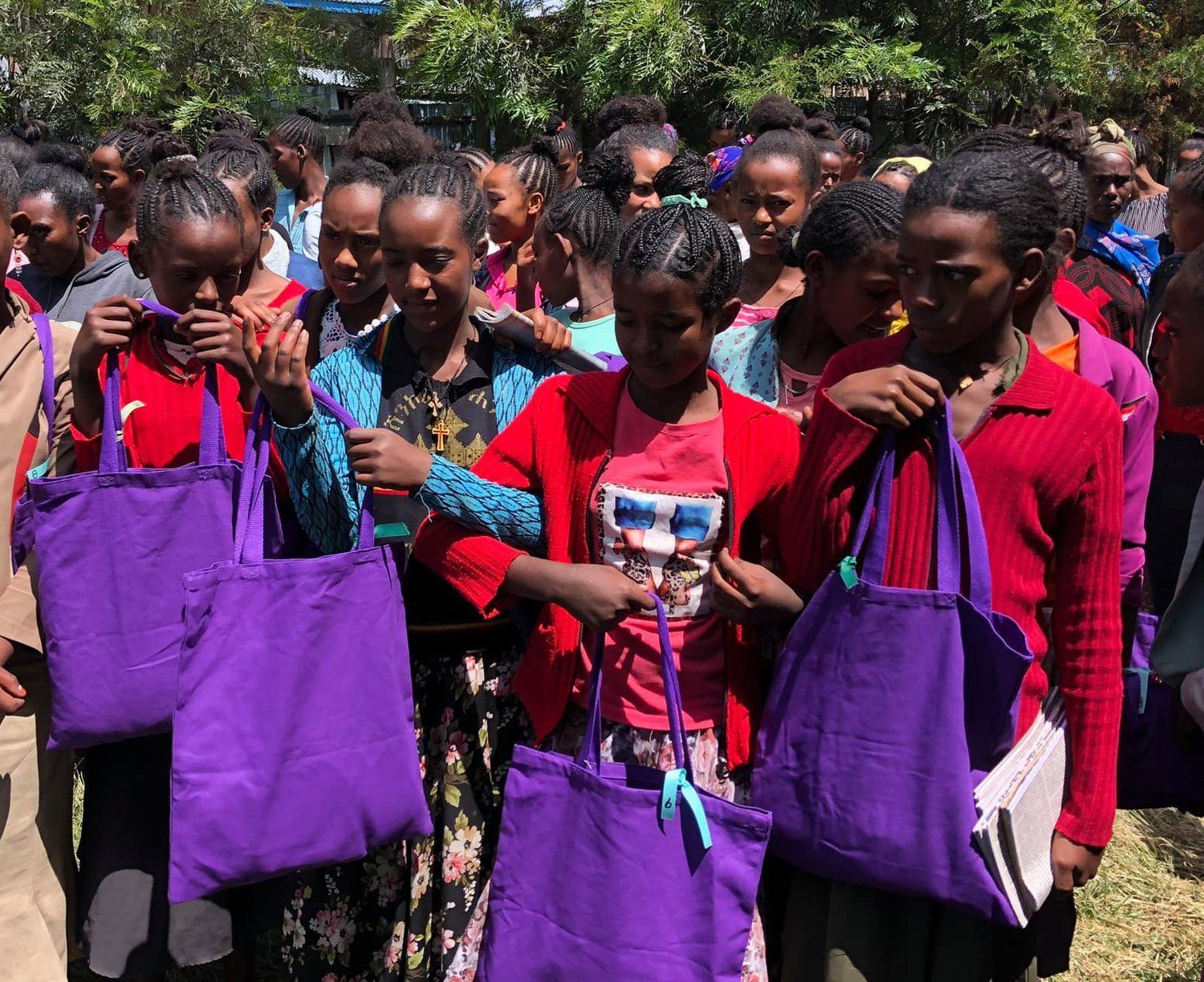 A group of young girls are standing in a line holding purple bags.