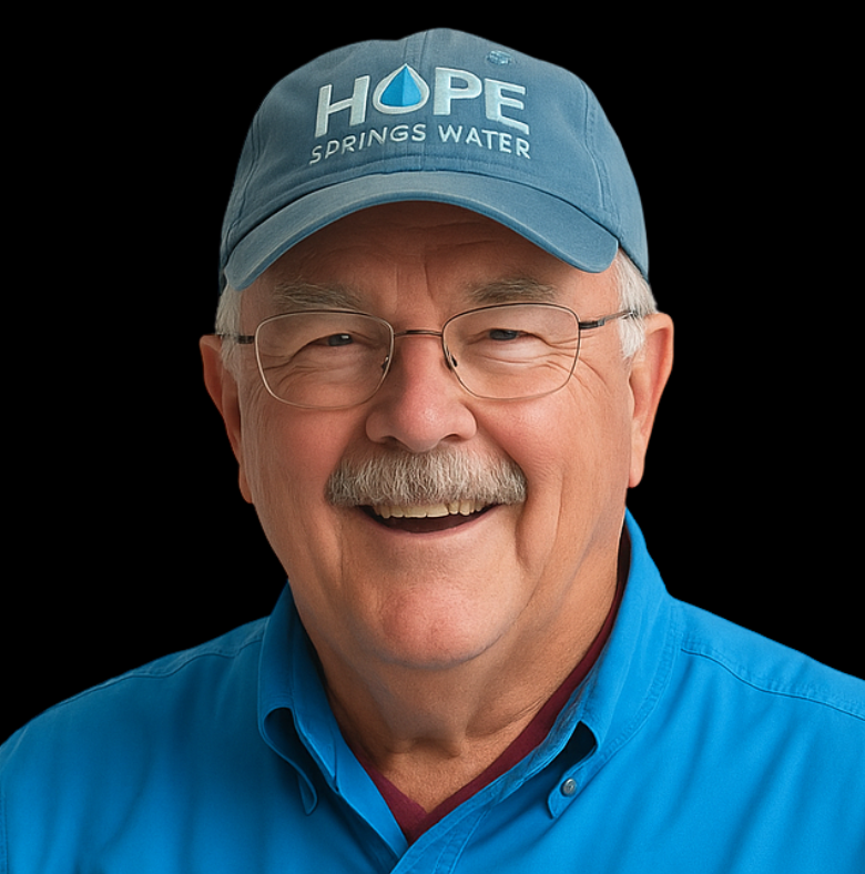 A man in a blue shirt is wearing a blue Hope Springs Water cap and smiling