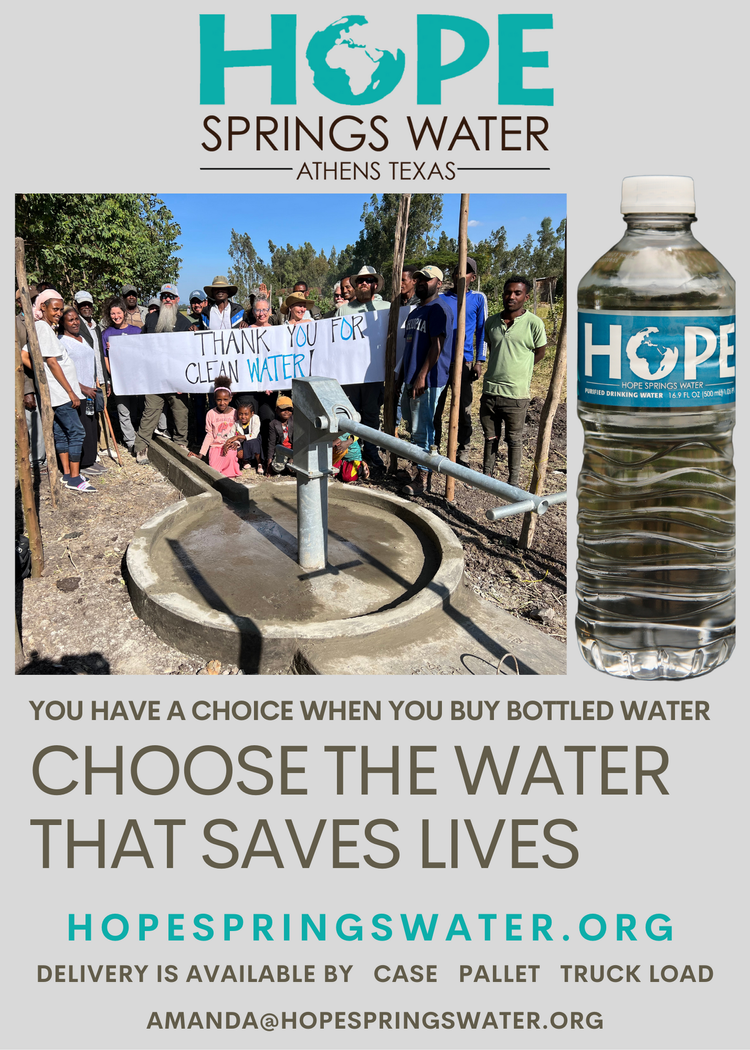 An advertisement for hope springs water that says choose the water that saves lives