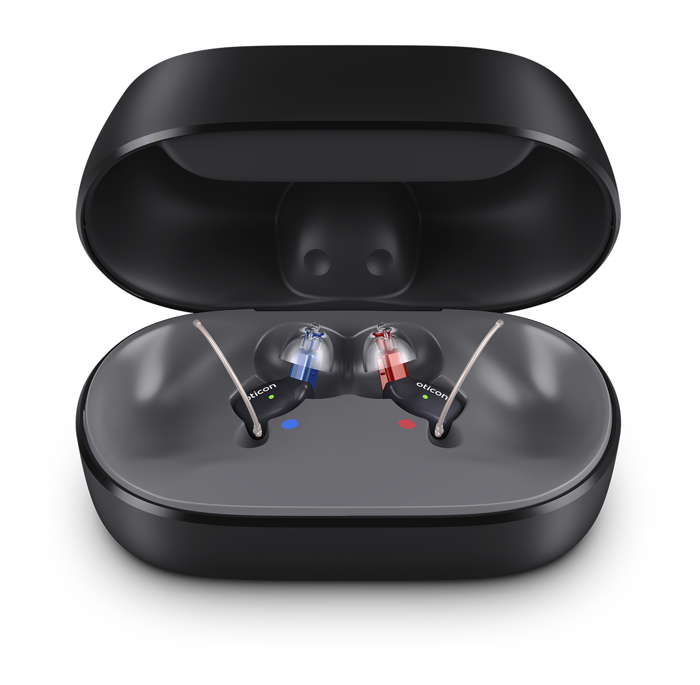 Opið svart hleðsluhulstur með tveimur litlum heyrnartækjum inni í, rauðum og bláum vísbendingum.