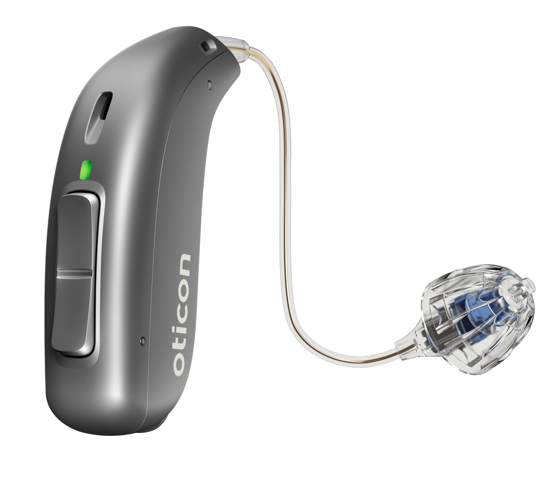 Grátt Oticon heyrnartæki með gegnsæju eyrnakúpu.