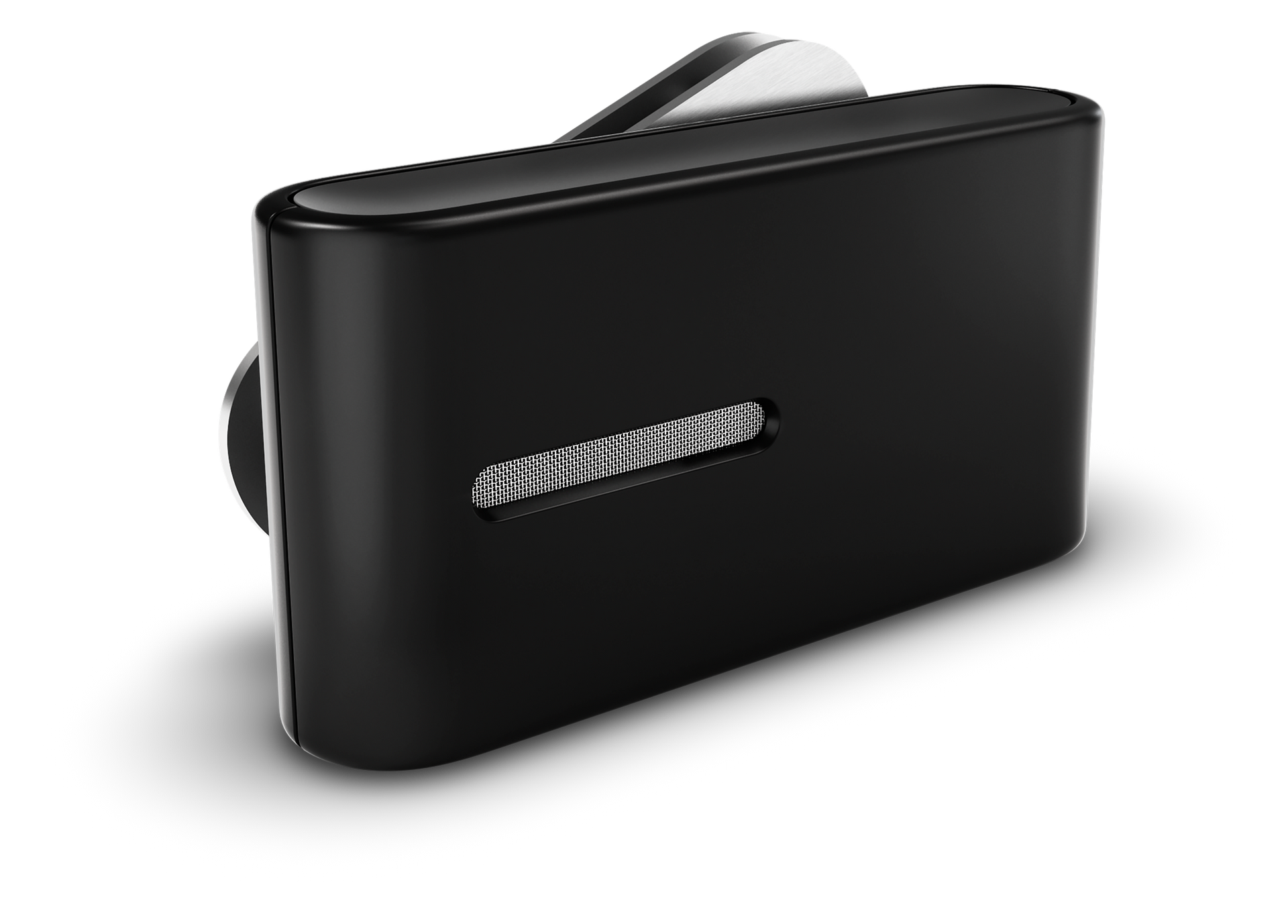 Svart Bluetooth heyrnartól með silfurlituðum rofa.