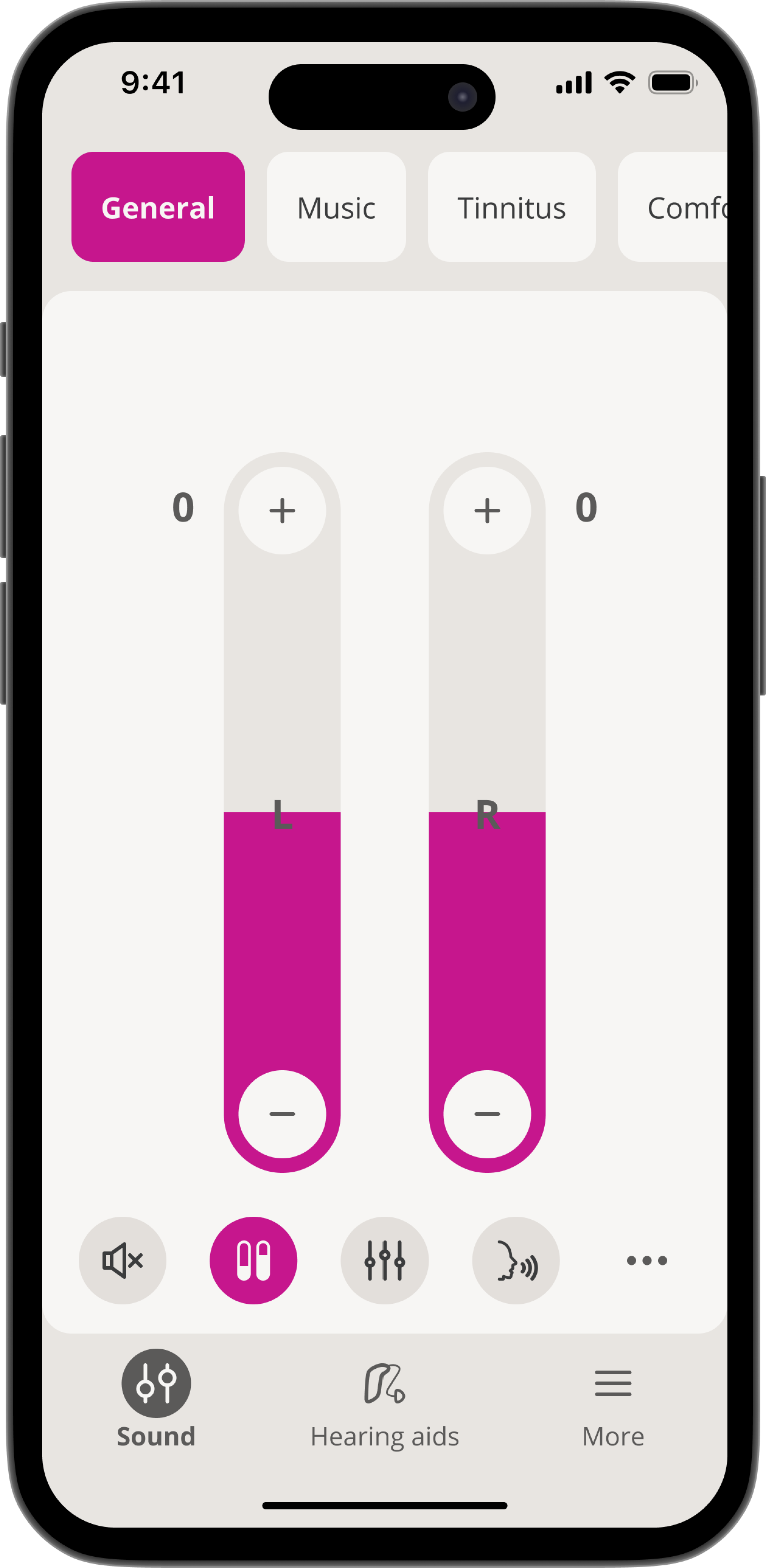 Viðmót fyrir farsímaforrit sem sýnir hljóðstýringar með hljóðstyrksrennistikum og stillingum.