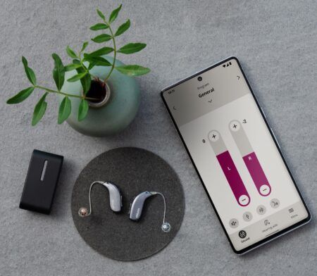 Heyrnartæki, sími með appi og hljóðstyrksstillingum, hleðslutæki og planta á gráum fleti.