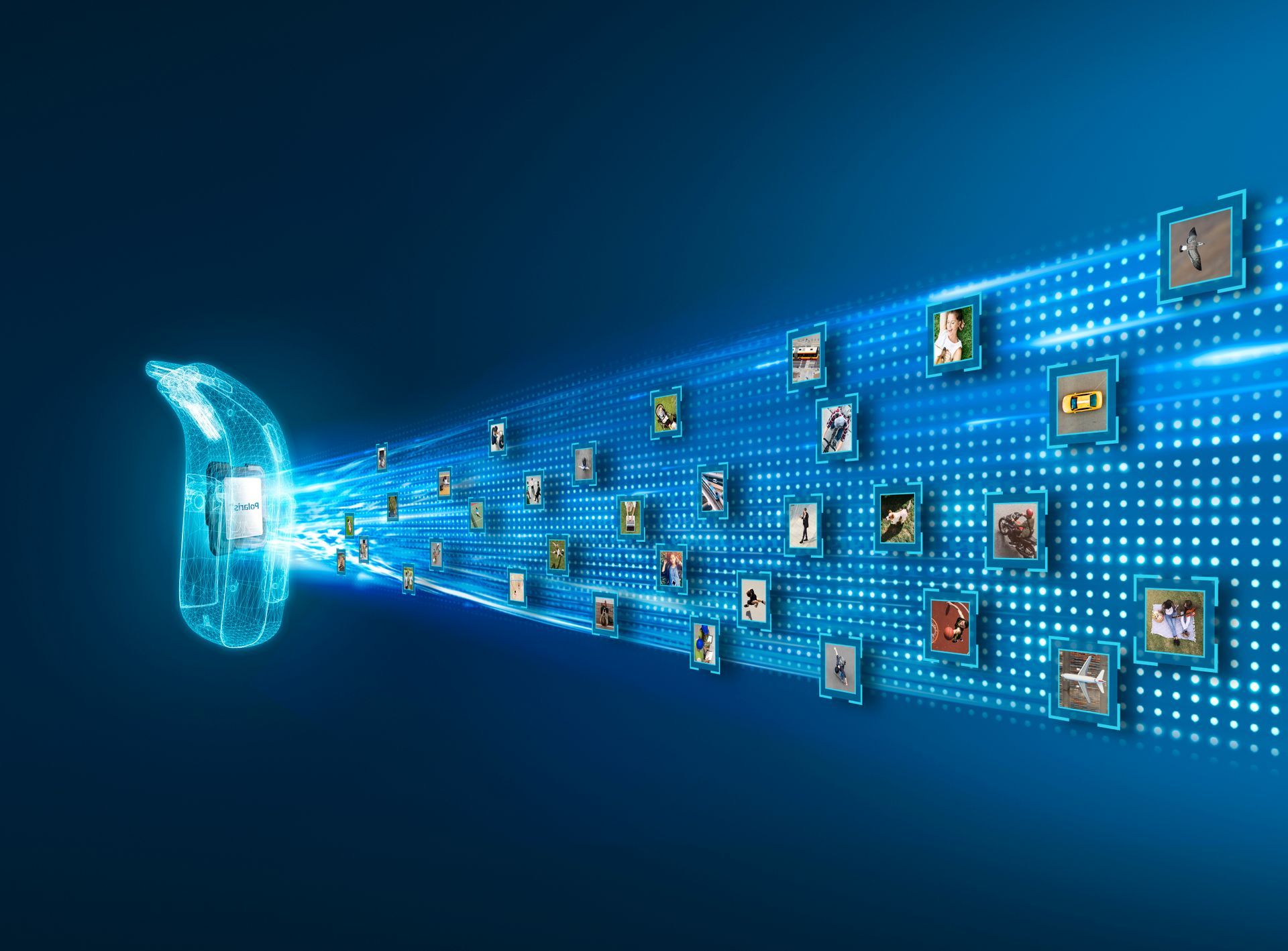 Glóandi blár gagnastraumur með táknum sem flæða úr stílfærðu skýi.