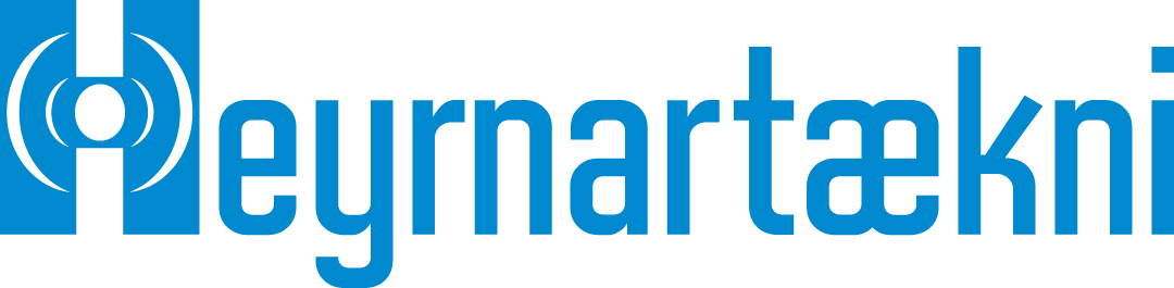 Logo of HeyrnarTækni, blue text.