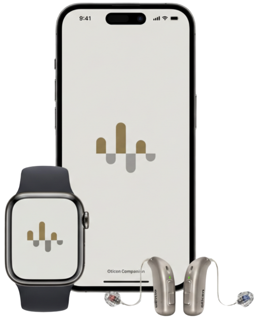 Snjallsími, snjallúr og heyrnartæki sem sýna hljóðbylgjumerki.