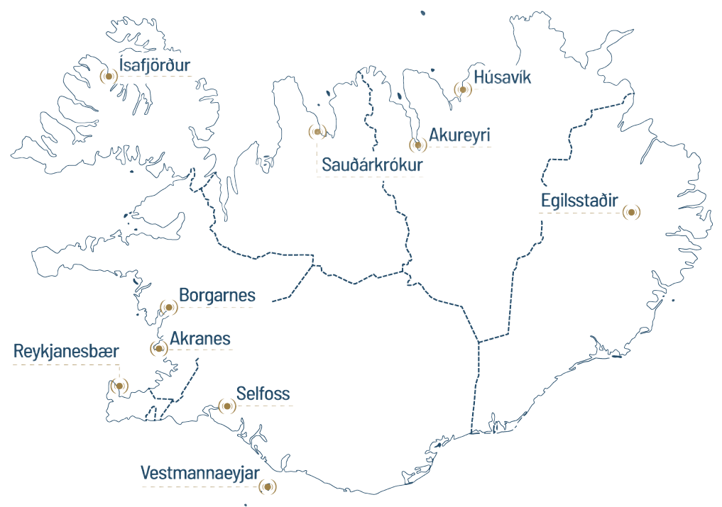 Ísafjörður, Húsavík, Akureyri, Sauðárkrókur, Egilsstaðir, Borgarnes, Akranes, Reykjavíkur, Selfoss, Vestmannaeyjar.