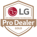 LG Air Conditioning Technologies Pro Dealer Gold badge logo in tan, gray, and red