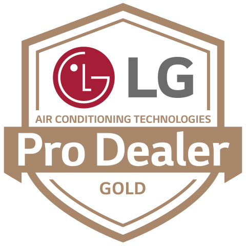 LG Air Conditioning Technologies Pro Dealer Gold badge logo in tan, gray, and red LG Air Conditioning Technologies Pro Dealer Gold badge logo in tan, gray, and red