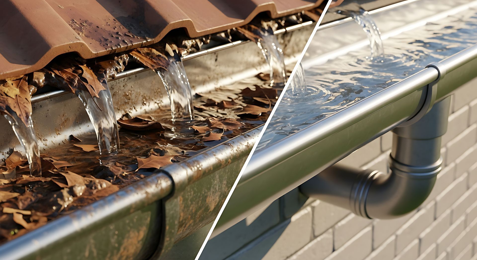 Gutters before and after cleaning