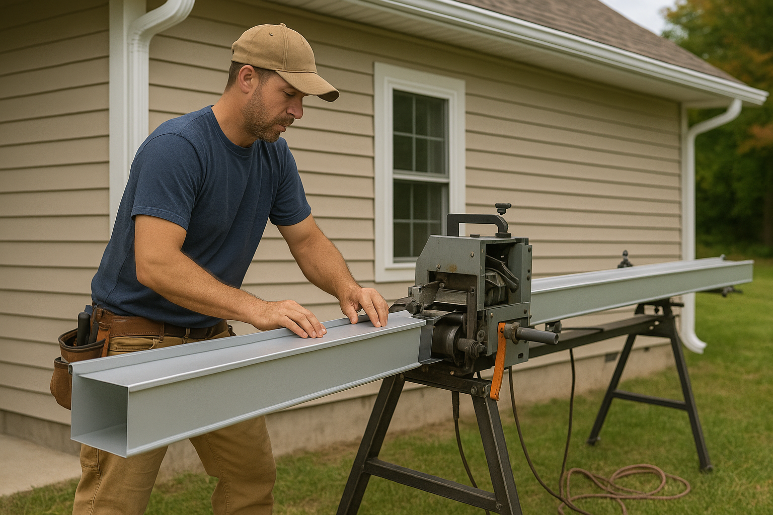 Man using gutter-forming machine outdoors near a house, working on a long metal gutter.