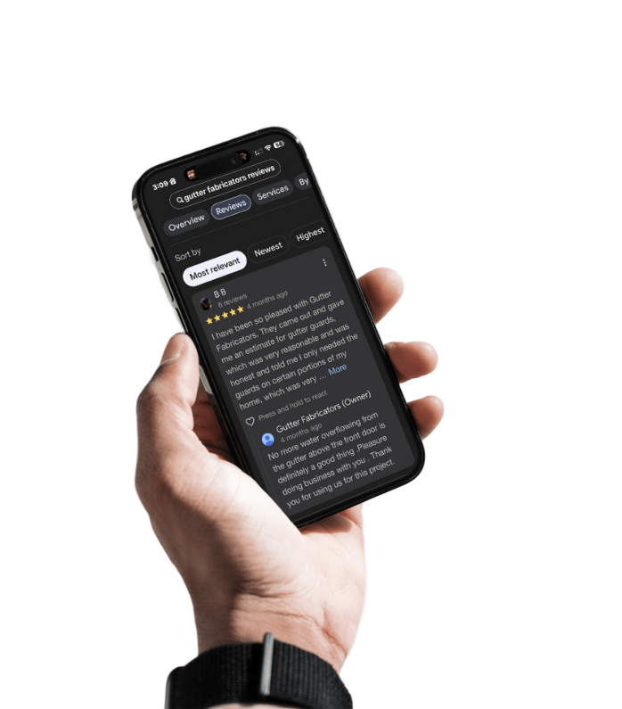 Hand holding a smartphone displaying a 5-star review, likely for a product or service.