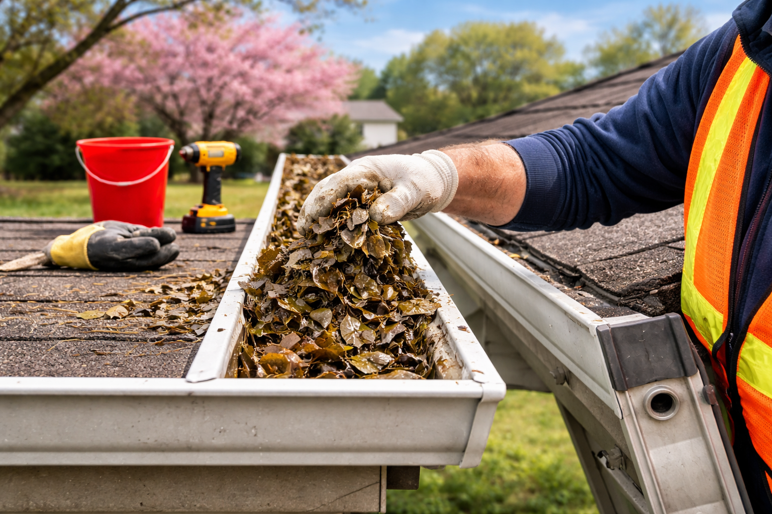 Technician cleaning out gutter filled with debris and leaves