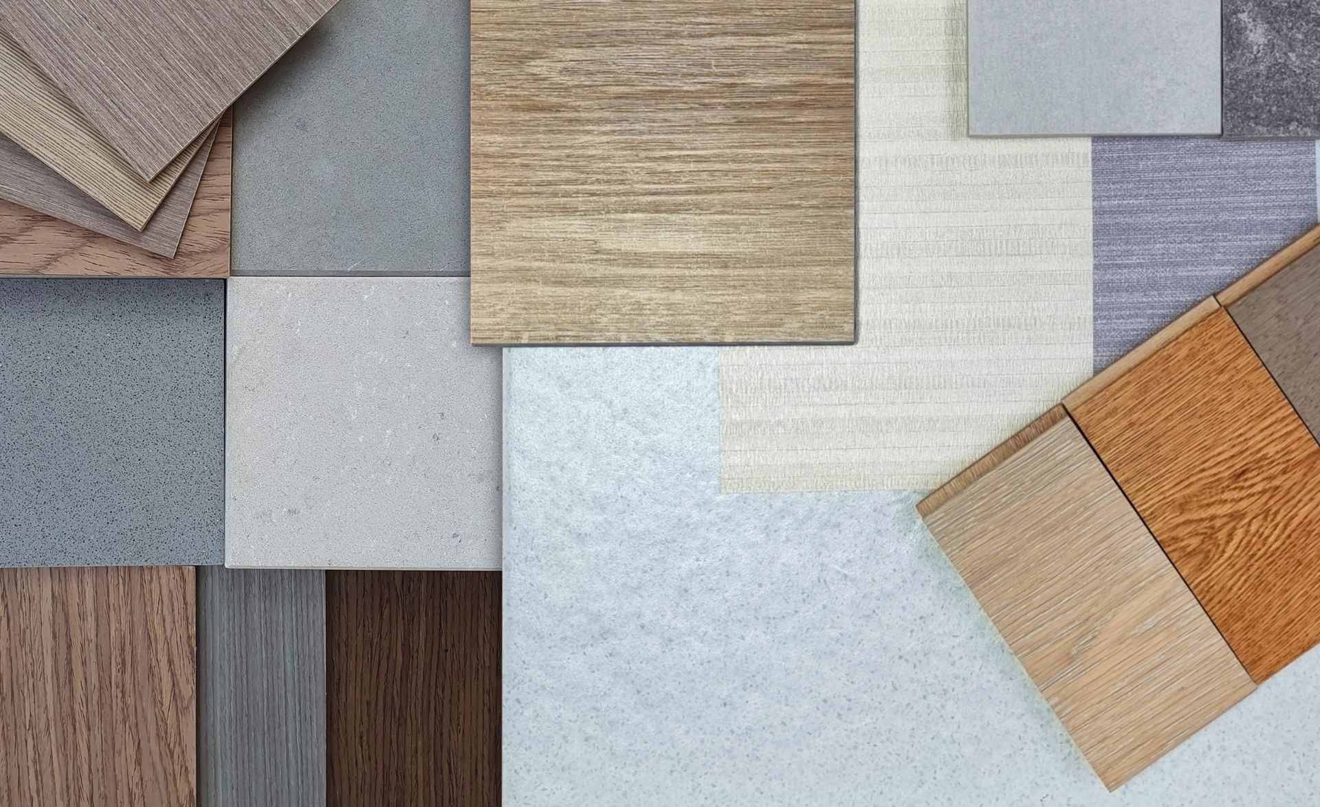 There are many different types of tiles and wood samples.