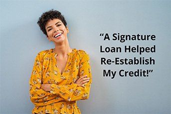 Woman with a Yellow Dress Smiling Besides the Slogan — Florissant, MO — Ardmore Finance Corporation