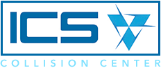 A blue and white logo for ics with a triangle in the middle