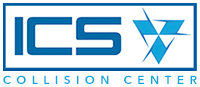 A blue and white logo for ics with a triangle in the middle