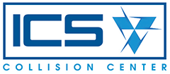 A blue and white logo for ics with a triangle in the middle