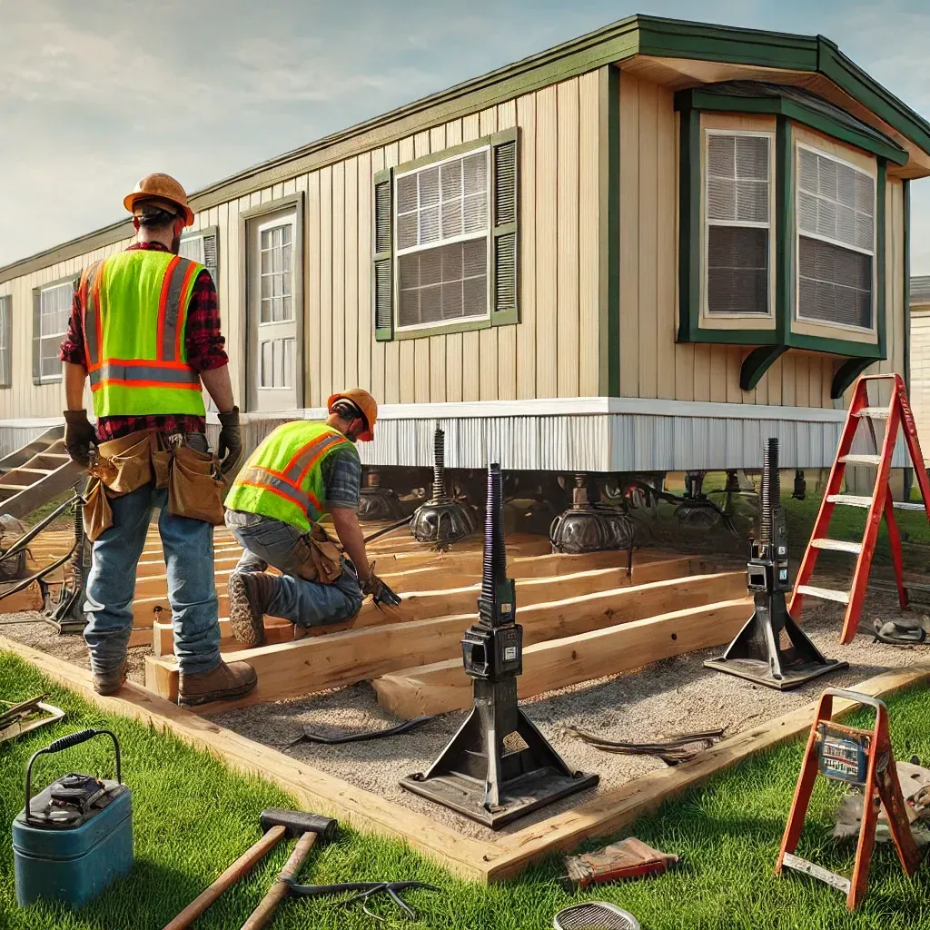 Two construction workers are working on a mobile home.