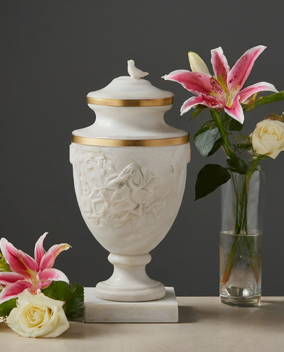 A marble urn is sitting on top of a marble pedestal in a garden.