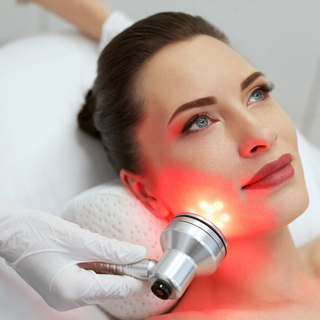 A woman is getting a red light treatment on her face at Zen Beauty Lounge