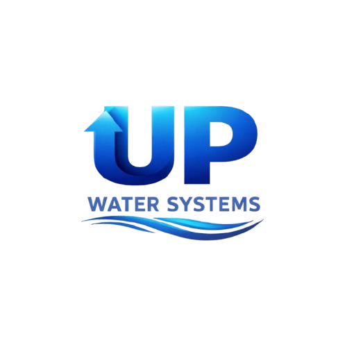 Logo for UP Water Systems: a blue gradient wordmark with a stylized upward-pointing arrow and a wave graphic below.