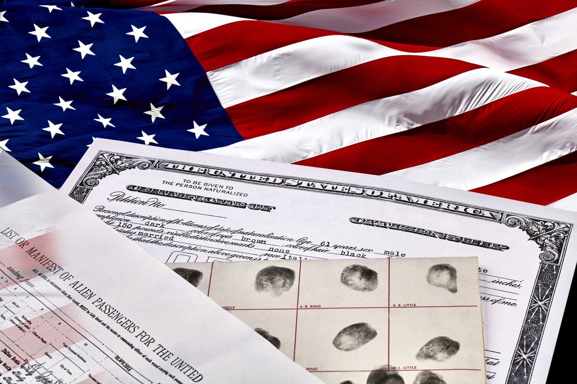 Image of American flag with immigration documentation