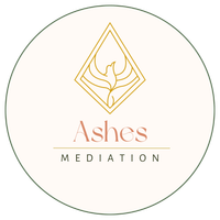 Ashes Mediation logo with gold emblem and text inside a thin green circle on a cream background