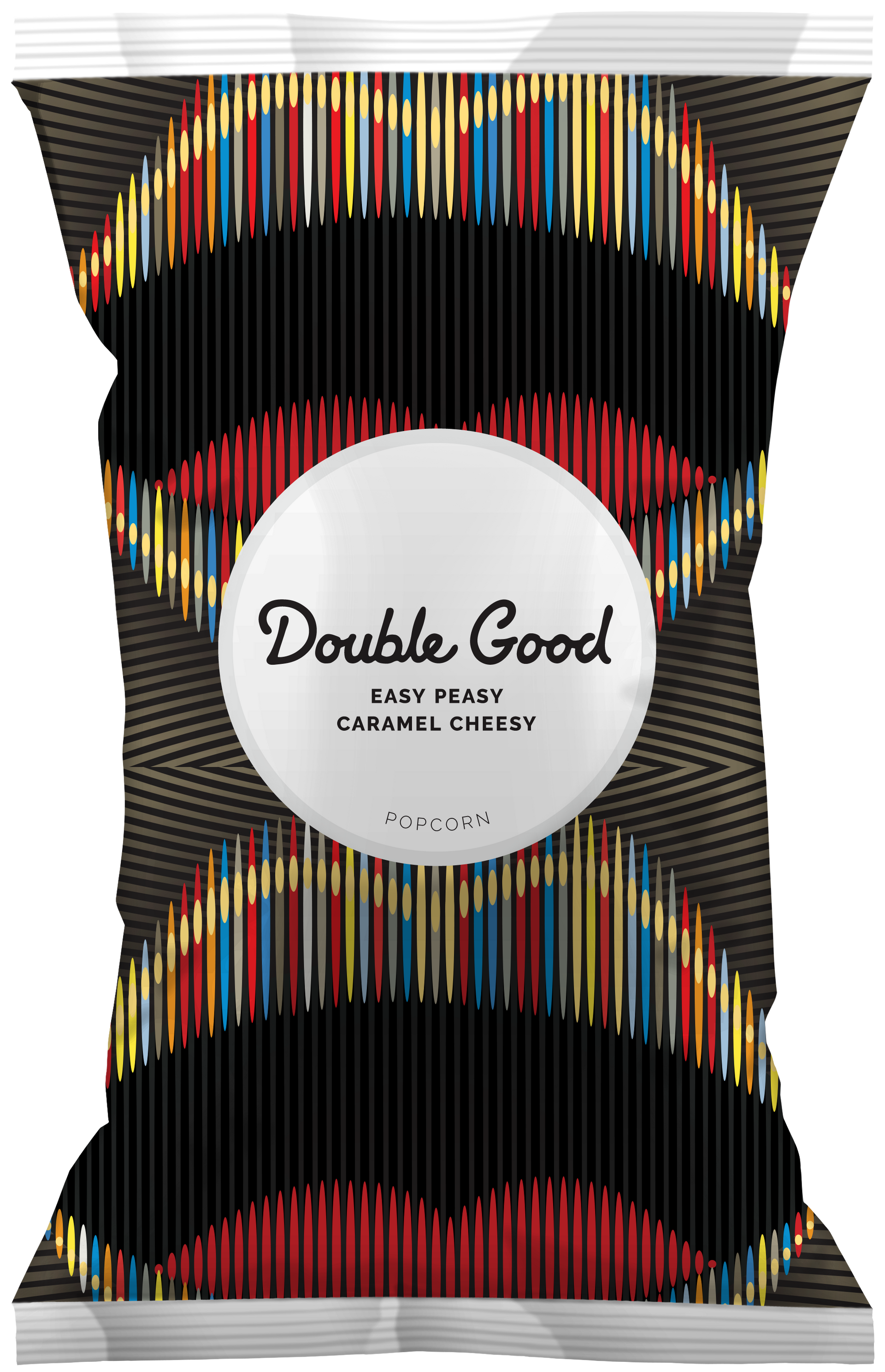 A bag of double good chips with a colorful design on it.