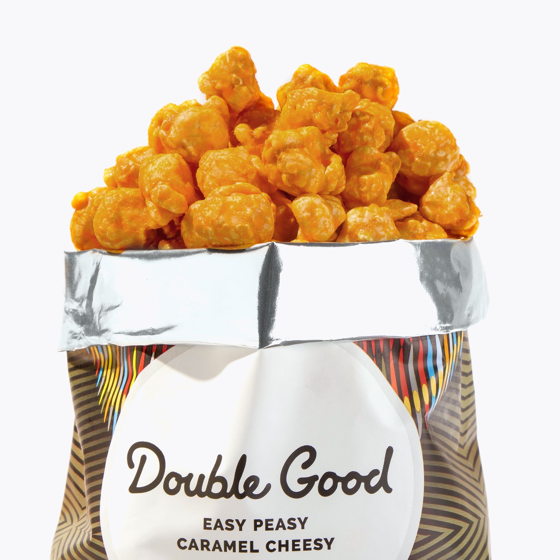 A bag of double good caramel cheesy popcorn