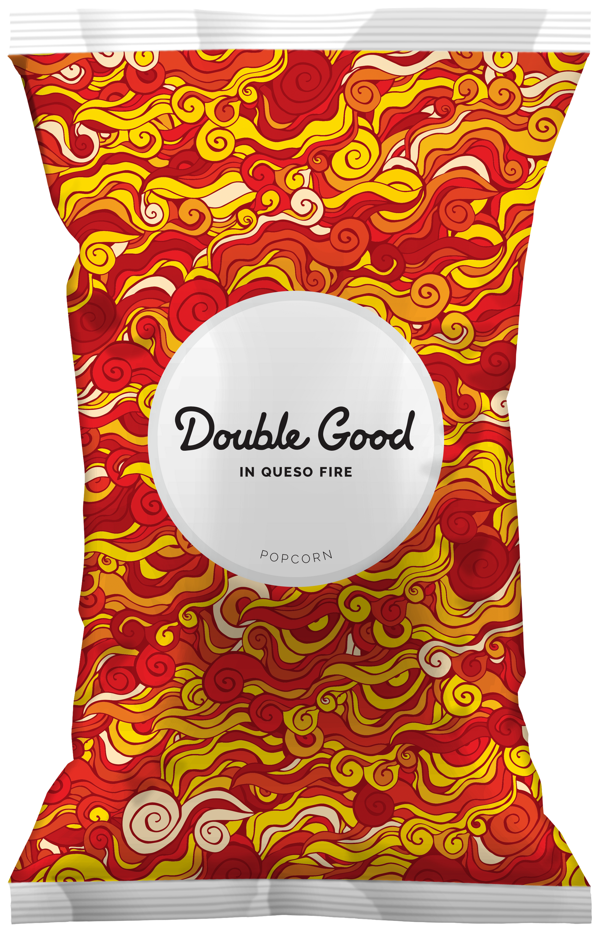 A bag of double good chips with a red and yellow pattern on it.