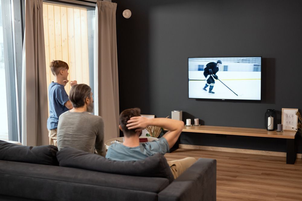 A Group of People Are Sitting on a Couch Watching a Hockey Game on a Television — Hendo's TV Antennas & Installations in Tablelands, QLD