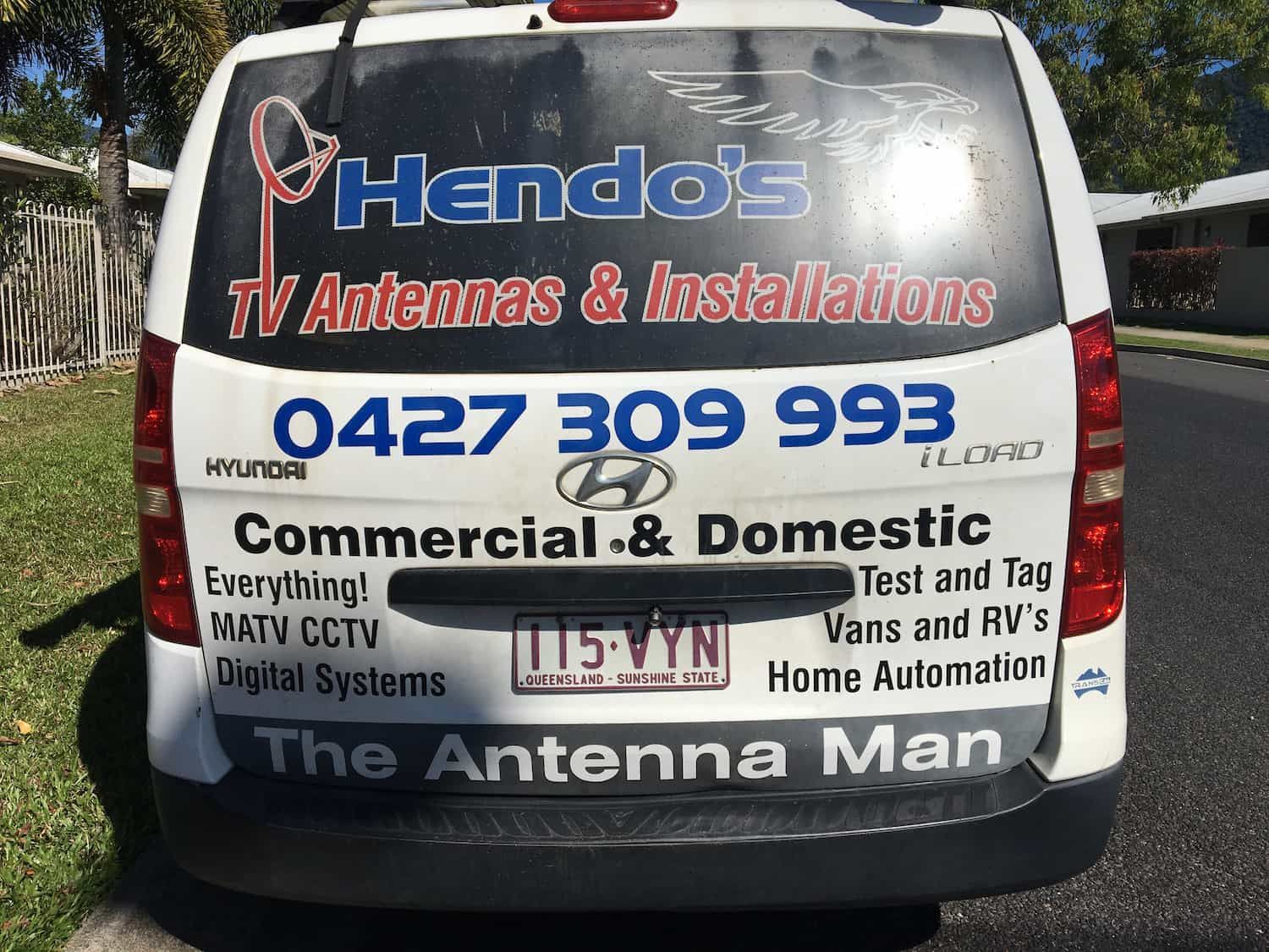 The Back of a Van That Says Hendo 's Tv Antennas and Installations — Hendo's TV Antennas & Installations in White Rock, QLD
