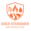 Gold Standard Restoration logo: Orange shield with fire, water, bubbles, and a winding path; text below.