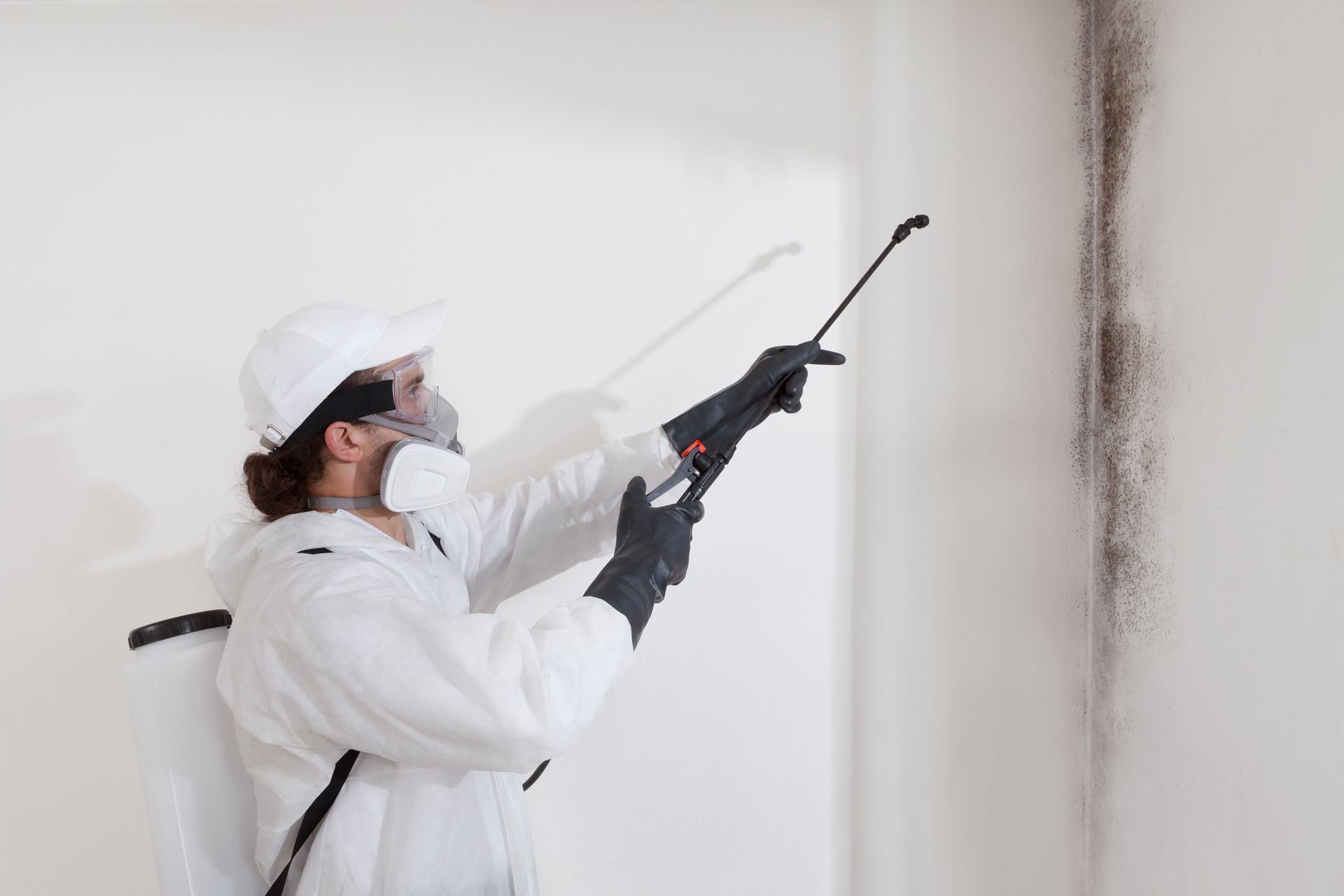 Person in protective suit spraying a wall with dark mold growth.
