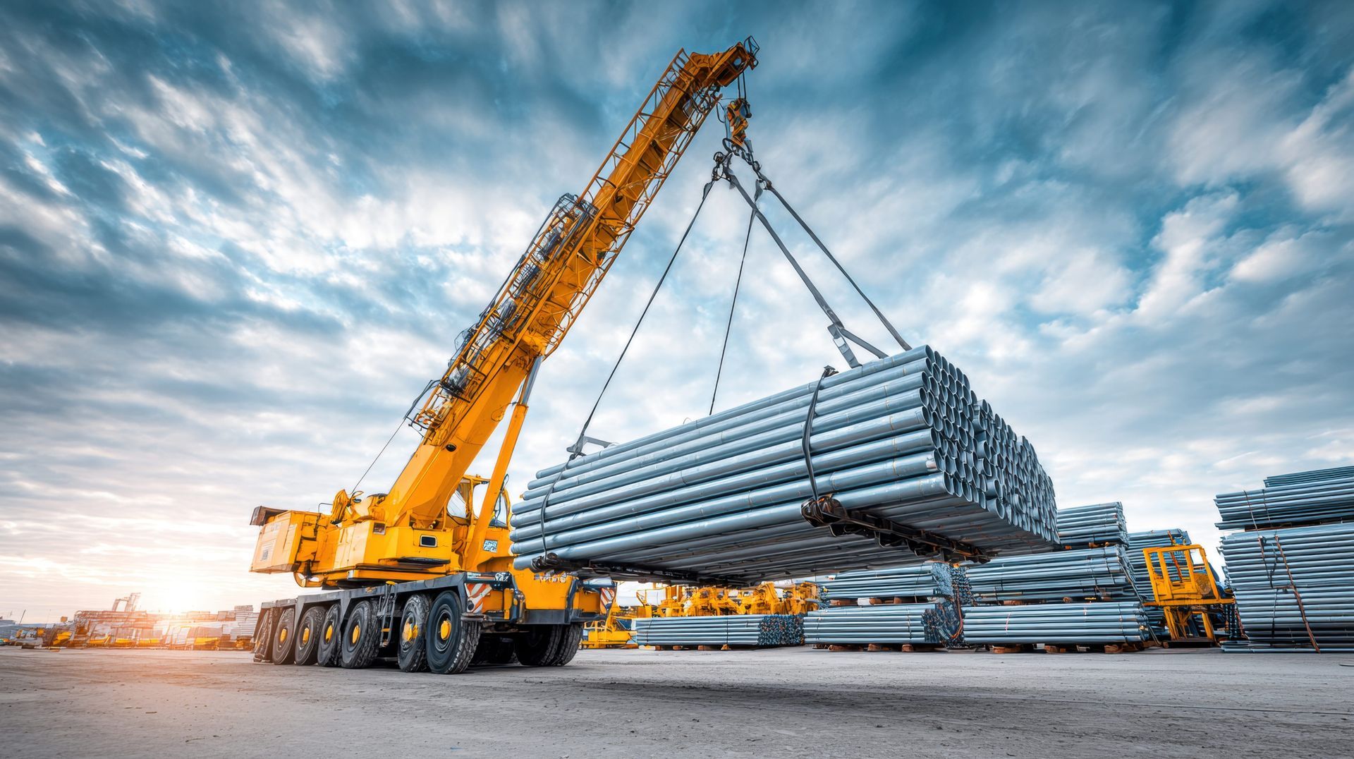 A yellow crane lifts a bundle of steel pipes at a construction site under the sky.