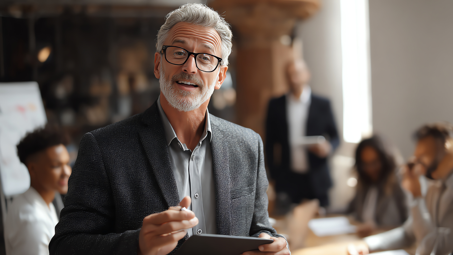Man in a suit holding tablet, speaking during a meeting; others seated around a table.