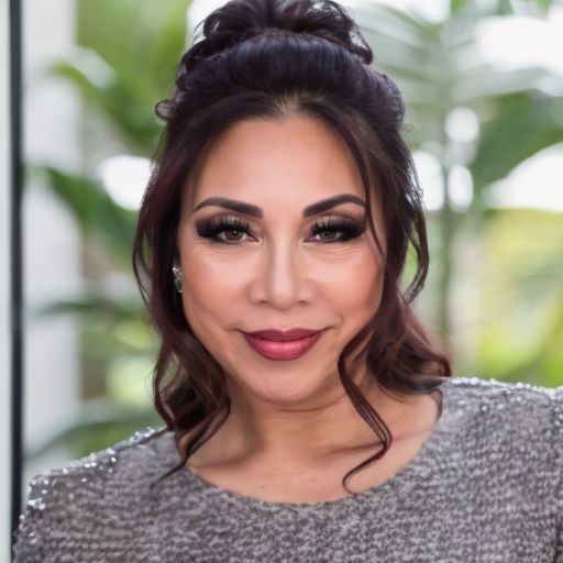 A close up of a woman 's face wearing a grey top
