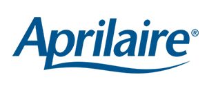 Aprilaire logo with a blue wordmark and a curved line underneath, on a white background.