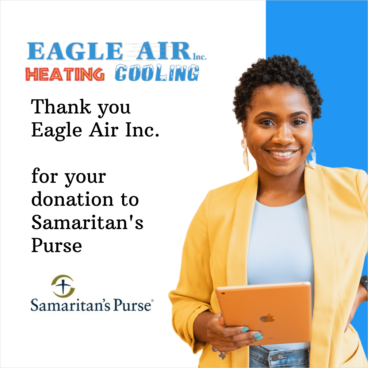 Woman holding tablet, smiling, in front of logo: 