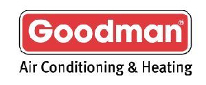 Goodman Air Conditioning & Heating logo, white text on a red rectangle, black text underneath.