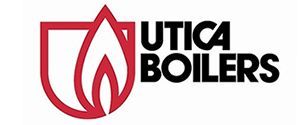 Logo of Utica Boilers: red flame icon next to black text on white background.